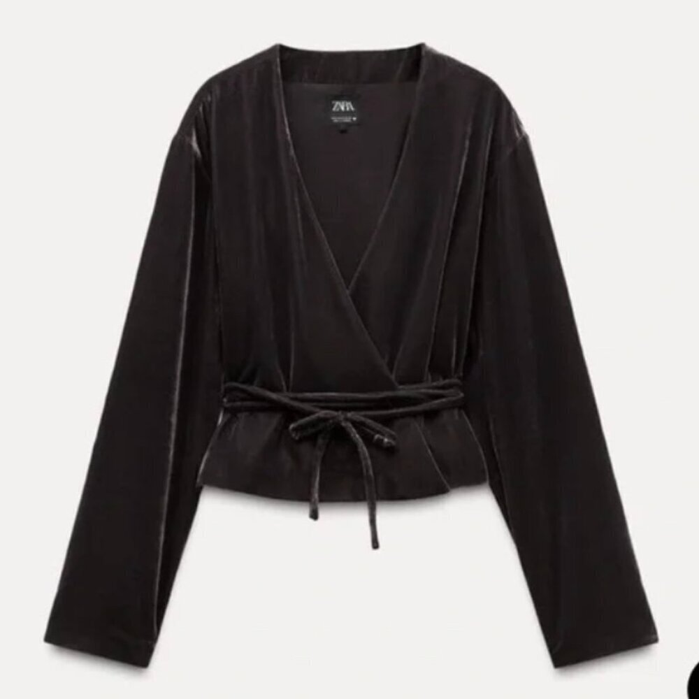 Zara Black Velvet Wrap Jacket with Tie Waist